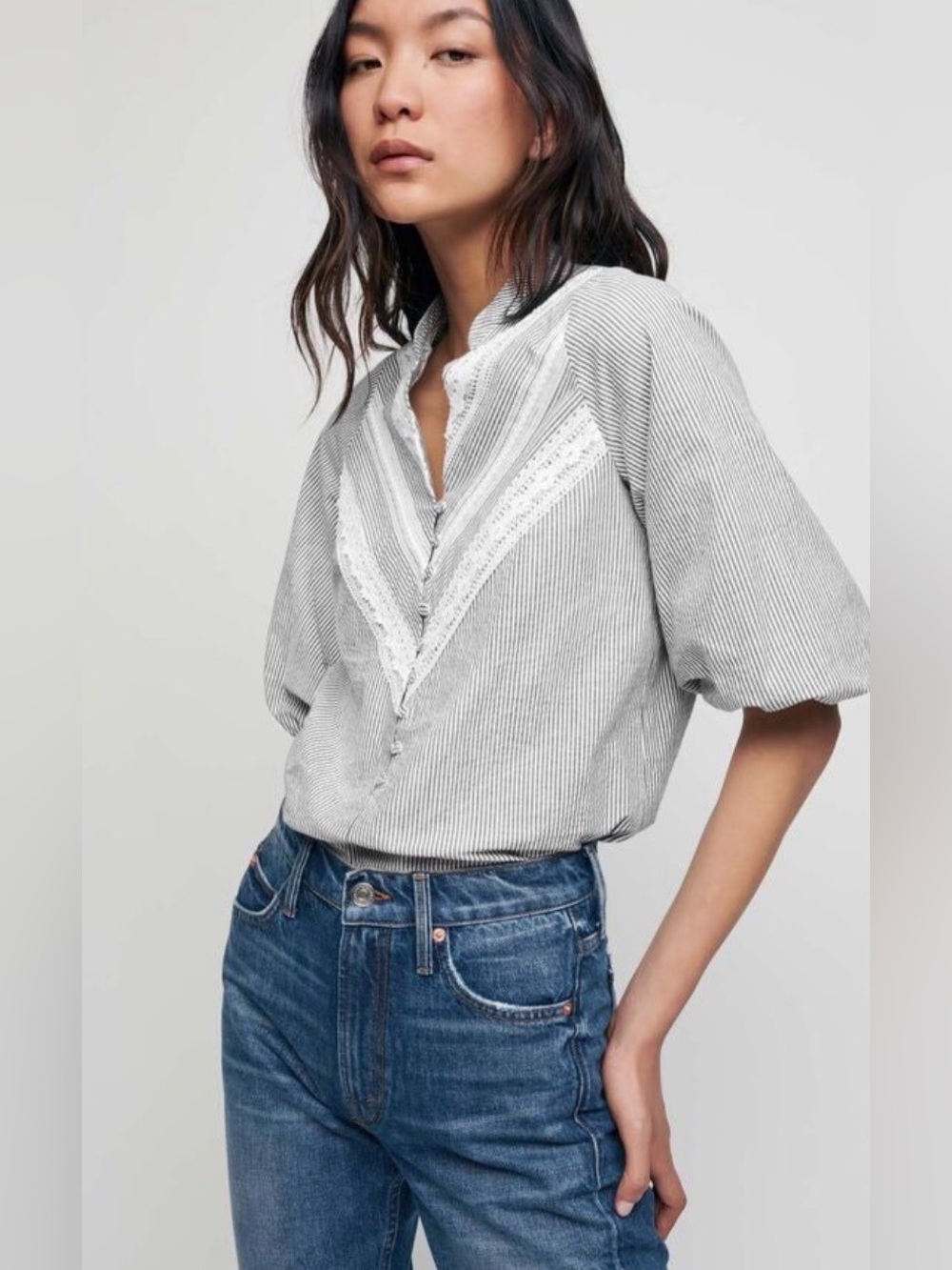 Maje Striped V-Neck Button Up Top with Lace Detail Organic Cotton Size S NWT
